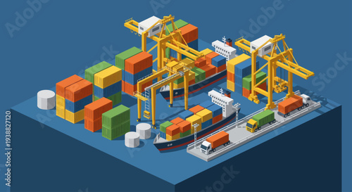 Isometric View of a Busy Cargo Port with Ships and Cranes.