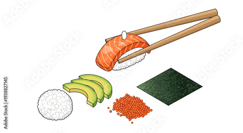 Delicious sushi ingredients with chopsticks holding salmon sashimi