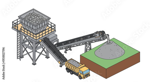 Isometric view of a mining and aggregate processing plant with conveyor belts and dump truck.