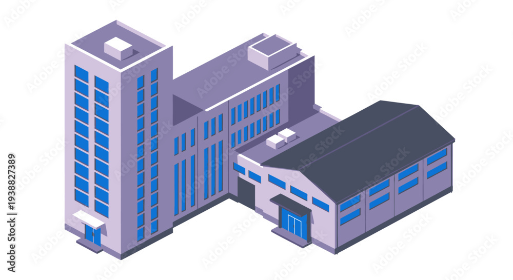 Fototapeta premium Isometric View of Modern Industrial Building Complex with Office Tower and Warehouse.