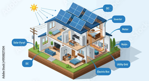 Isometric View of a Smart Home with Solar Panels and Energy System Diagram.