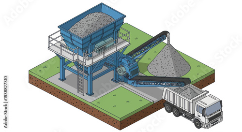 Isometric view of a waste sorting and recycling plant with a garbage truck.