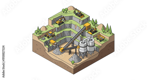 Isometric View of an Open-Pit Mine with Heavy Machinery and Processing Plant.