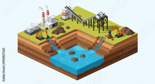 Isometric View of Industrial Mining and Water Pollution.