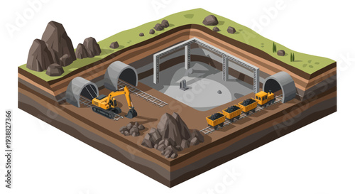 Isometric view of an underground construction site with heavy machinery.