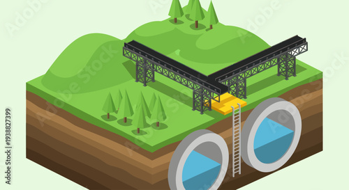 Isometric View of Underground Infrastructure and Conveyor Belt System.
