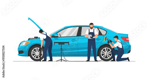 Mechanics working on a blue car in a workshop.