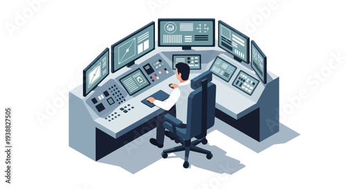 Man working in a high-tech control room with multiple monitors.