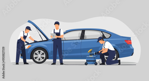 Mechanics working on a blue car in a workshop.