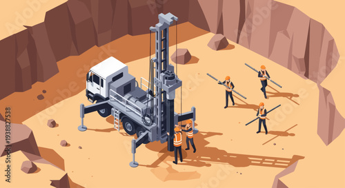 Mining drilling rig and workers in desert quarry.