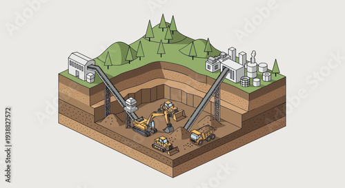 Mining operation showing extraction and processing of raw materials.