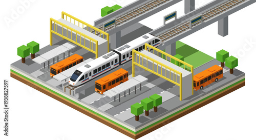 Modern High Speed Train Station with Multiple Platforms and Trains.
