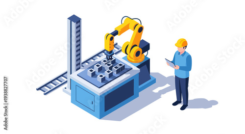 Modern industrial robot arm working on assembly line with engineer overseeing.