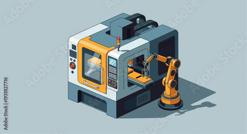 Modern Industrial Robotic Arm and CNC Machine Illustration.