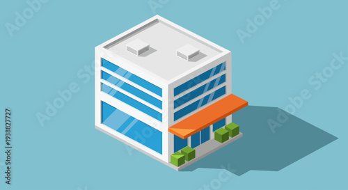 Modern Isometric Commercial Building with Orange Awning and Green Plants.