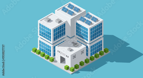 Modern Isometric Building with Solar Panels and Greenery on a Blue Background.