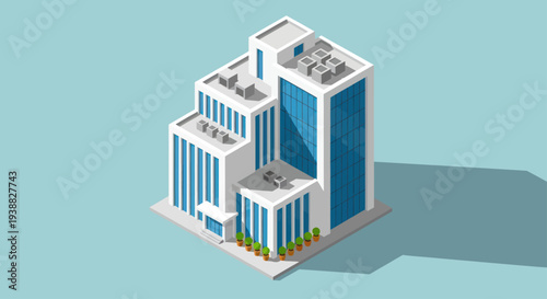 Modern Isometric Office Building Complex with Blue Windows.