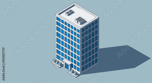 Modern isometric office building illustration with blue windows and contemporary design.