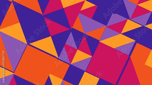 Colorful Geometric Pattern with Violet, Orange, Pink Triangles and Squares