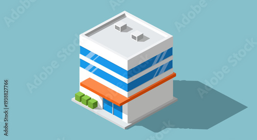 Modern Isometric Office Building with Blue Windows.
