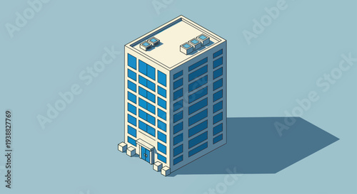 Modern Isometric Office Building with Blue Windows and White Roof.