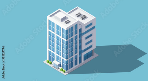 Modern Isometric Office Building with Glass Facade and Shadow.