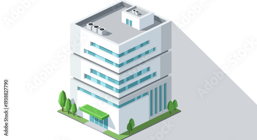 Modern Isometric Office Building with Green Entrance and Trees.