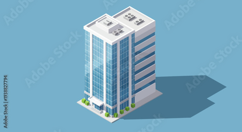 Modern Isometric Office Building with Glass Facade.