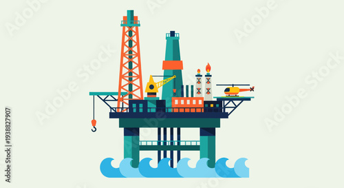 Offshore Oil Rig Platform with Helicopter and Crane.