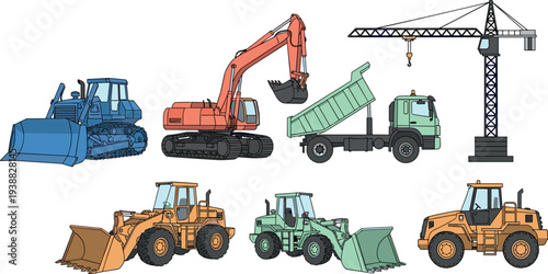 Construction machinery collection including excavator, bulldozer, dump truck, tower crane and wheel loaders isolated on white background, heavy equipment set for building industry illustration