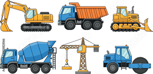 Construction machinery vector collection with excavator, dump truck, bulldozer, cement mixer, tower crane and road roller isolated on white background heavy equipment