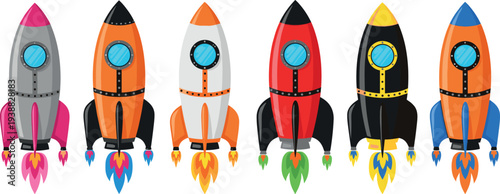 Colorful cartoon rocket ships collection with different designs launching with flames, space travel concept illustration set isolated on white background