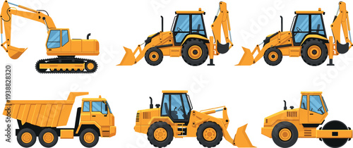 Heavy construction machinery set with excavator, backhoe loader, dump truck, wheel loader and road roller isolated on white background, engineering and building equipment vector