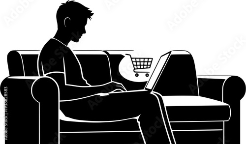 Man Sitting on Sofa Using Laptop for Online Shopping and E-commerce Silhouette