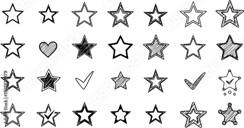 Hand Drawn Stars and Checkmarks, Black and White Line Art Vector Icons