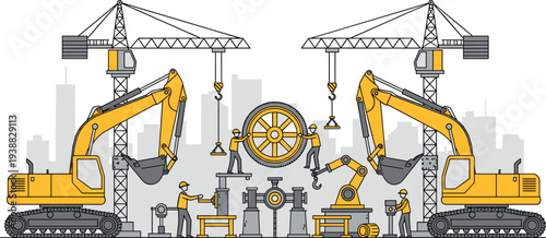Industrial construction scene with cranes, excavators and workers assembling large mechanical gear in factory environment, engineering teamwork concept illustration isolated on white background