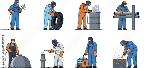 Industrial workers welding and metalworking set with welder using equipment, repairing pipes, tire service and factory maintenance tasks isolated on white background vector