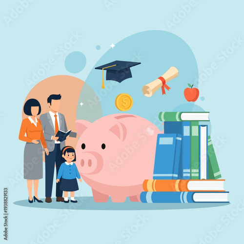 Family saving money in a piggy bank for childs education.