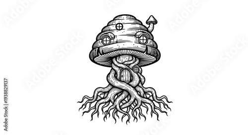 Fantasy Mushroom House with Intricate Roots Black and White Illustration.