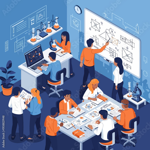 Students and teachers engaged in a dynamic STEM education classroom setting.