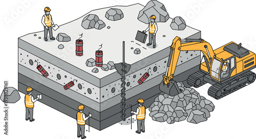 Isometric construction site foundation drilling with excavator and engineers inspecting soil layers, underground explosives and geological structure, engineering and mining concept illustration