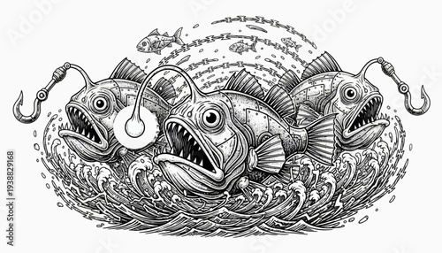 Three Anglerfish in Ocean Waves with Fishing Hooks.