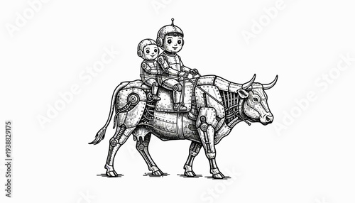 Two young astronauts riding a robotic cow in a whimsical, imaginative scene.