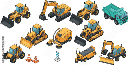 Isometric construction machinery collection including excavator, bulldozer, wheel loader, dump truck, road sweeper and utility vehicles isolated on white background industrial equipment illustration