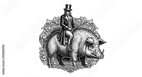 Victorian Gentleman Riding a Wild Boar Engraving.