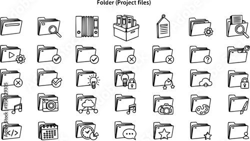 Hand-drawn Black  White Line Art Folder Icons Set for Digital File Management, Technology, Business, and Office Project Files Organization