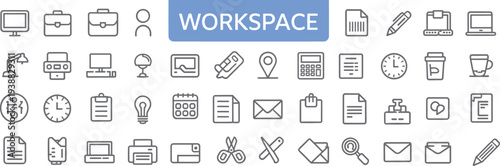 Workspace icon illustration collection, office productivity silhouette set, business tool graphic design, organizational motif art, professional environment concept symbol