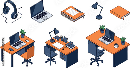 Isometric home office workspace collection with laptop, desk, chair, headphones, notebook, lamp and plants isolated on white background, modern workplace illustration set