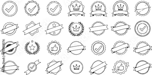 Vector Set of Hand-drawn Black  White Line Art Badges, Seals, and Labels for Business Quality Assurance, Certification, and Achievement.