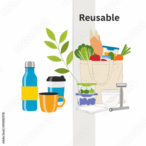 Collection of reusable items for a sustainable lifestyle.